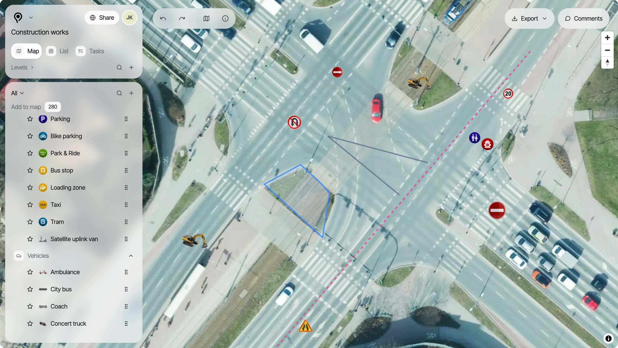PlanPlace construction site plan view with the map and the object list