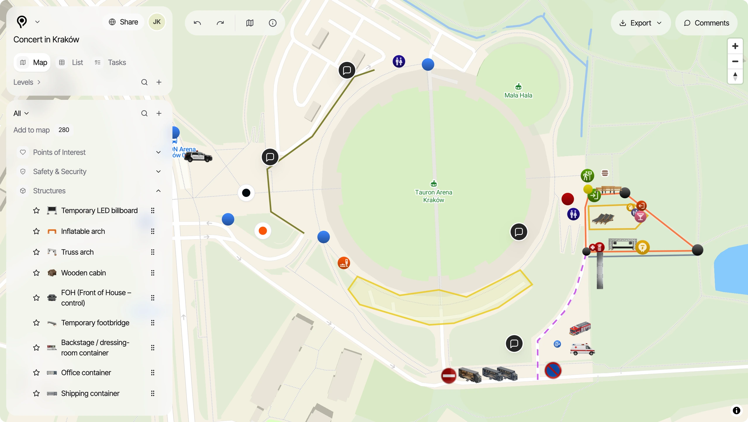 PlanPlace event plan view showing a map of Kraków and the object list