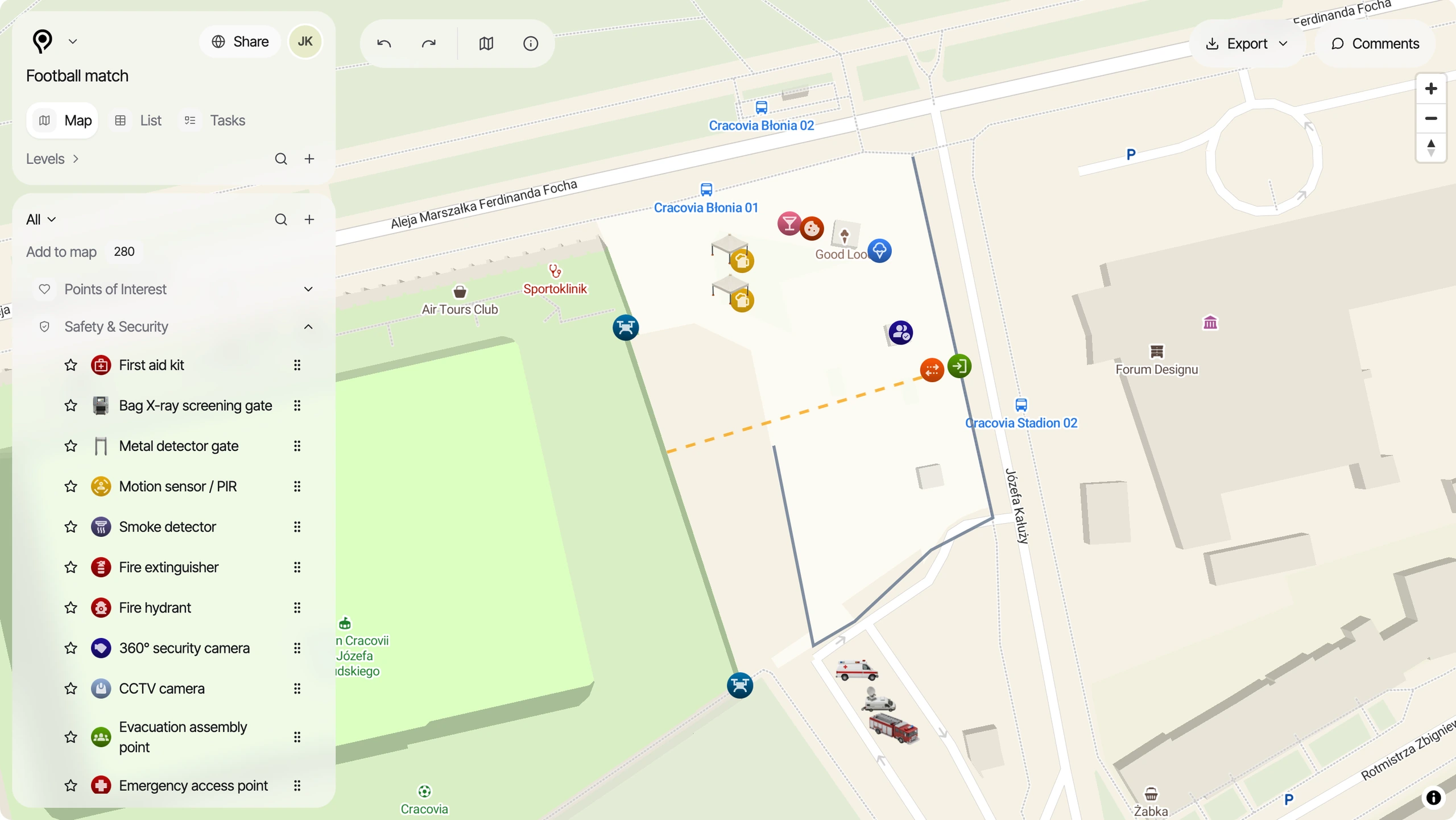 PlanPlace sports event plan view with the map and the object list