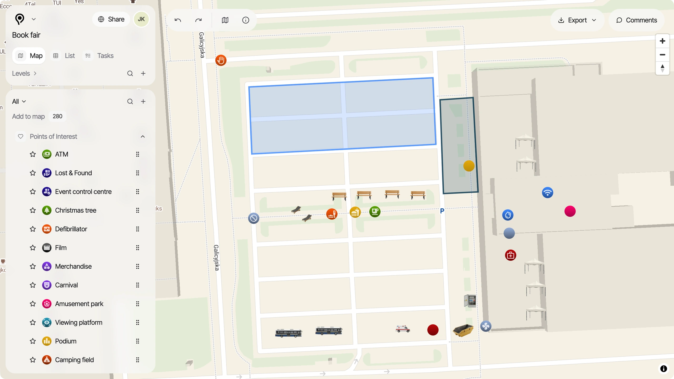 PlanPlace trade fair plan view with the map and the object list