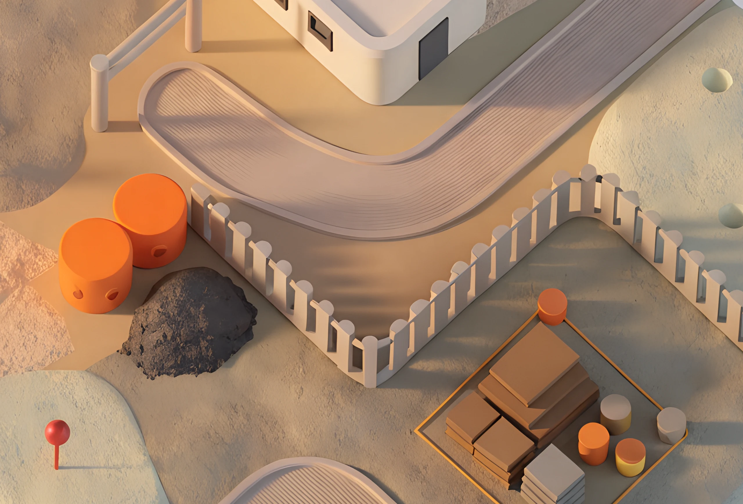 Isometric illustration of a construction site with an excavation, fencing and site huts. Generated by AI.