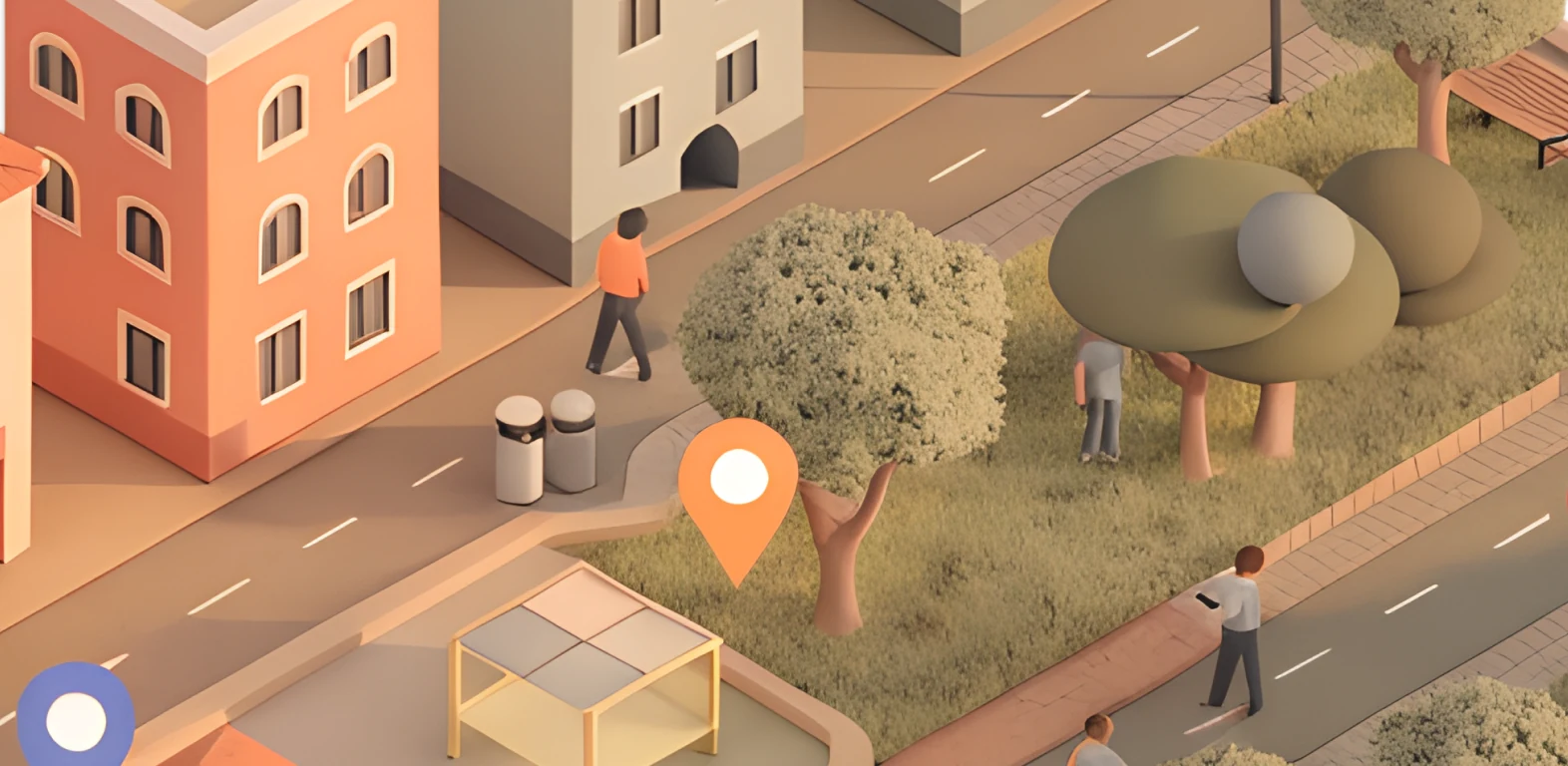 Isometric illustration of a street corner and a park with map pins. Generated by AI.