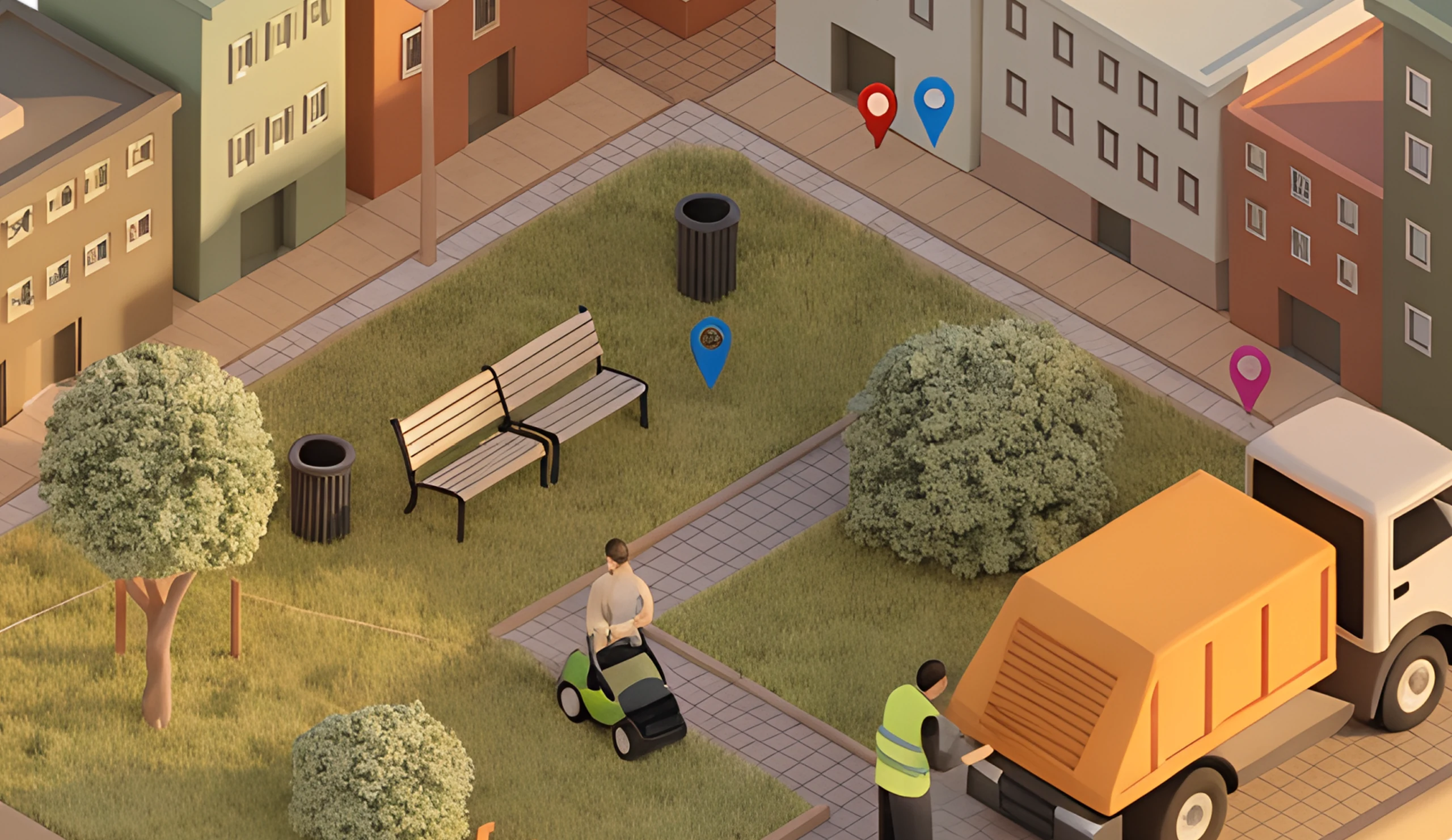 Isometric illustration of a city park with a lawnmower, a municipal truck and map pins. Generated by AI.