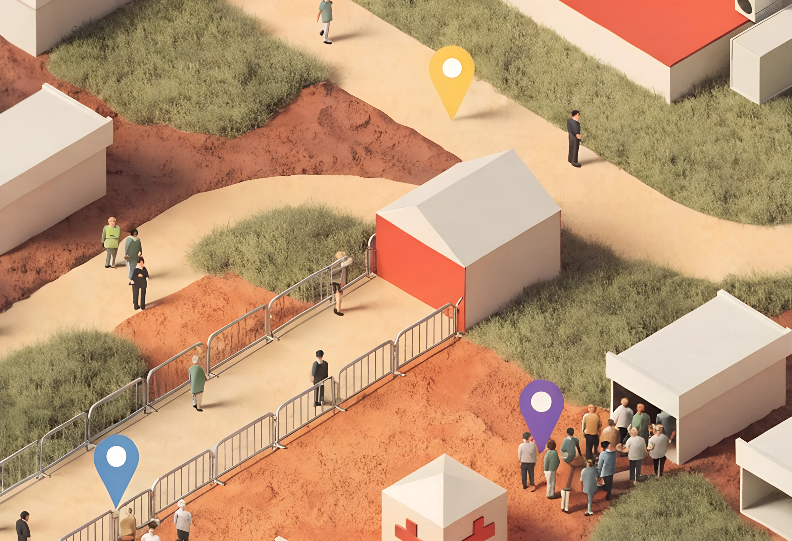 Isometric illustration of a festival site with a stage, tents and walkways. Generated by AI.