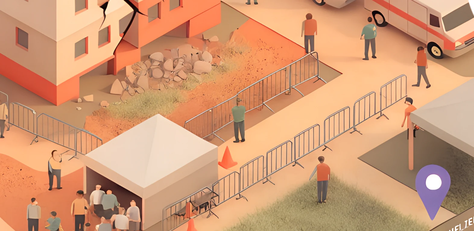 Isometric illustration of a crisis site with barriers, a tent, an ambulance and a map pin. Generated by AI.