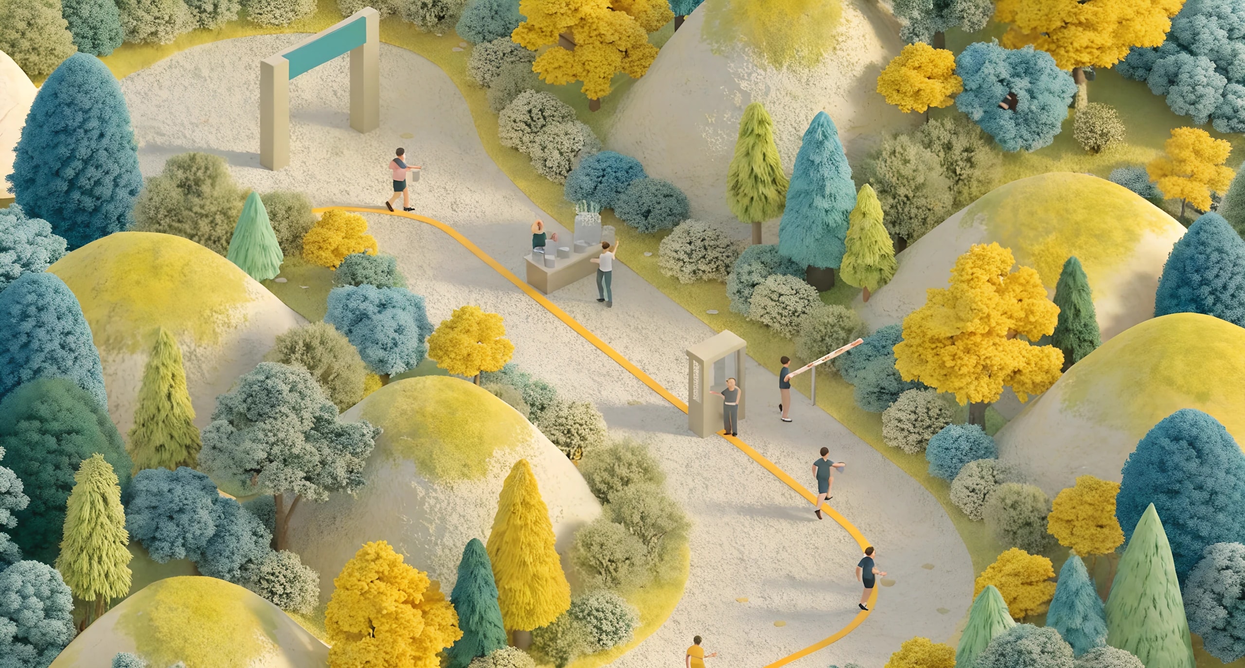 Isometric illustration of a race route through a park with checkpoints. Generated by AI.