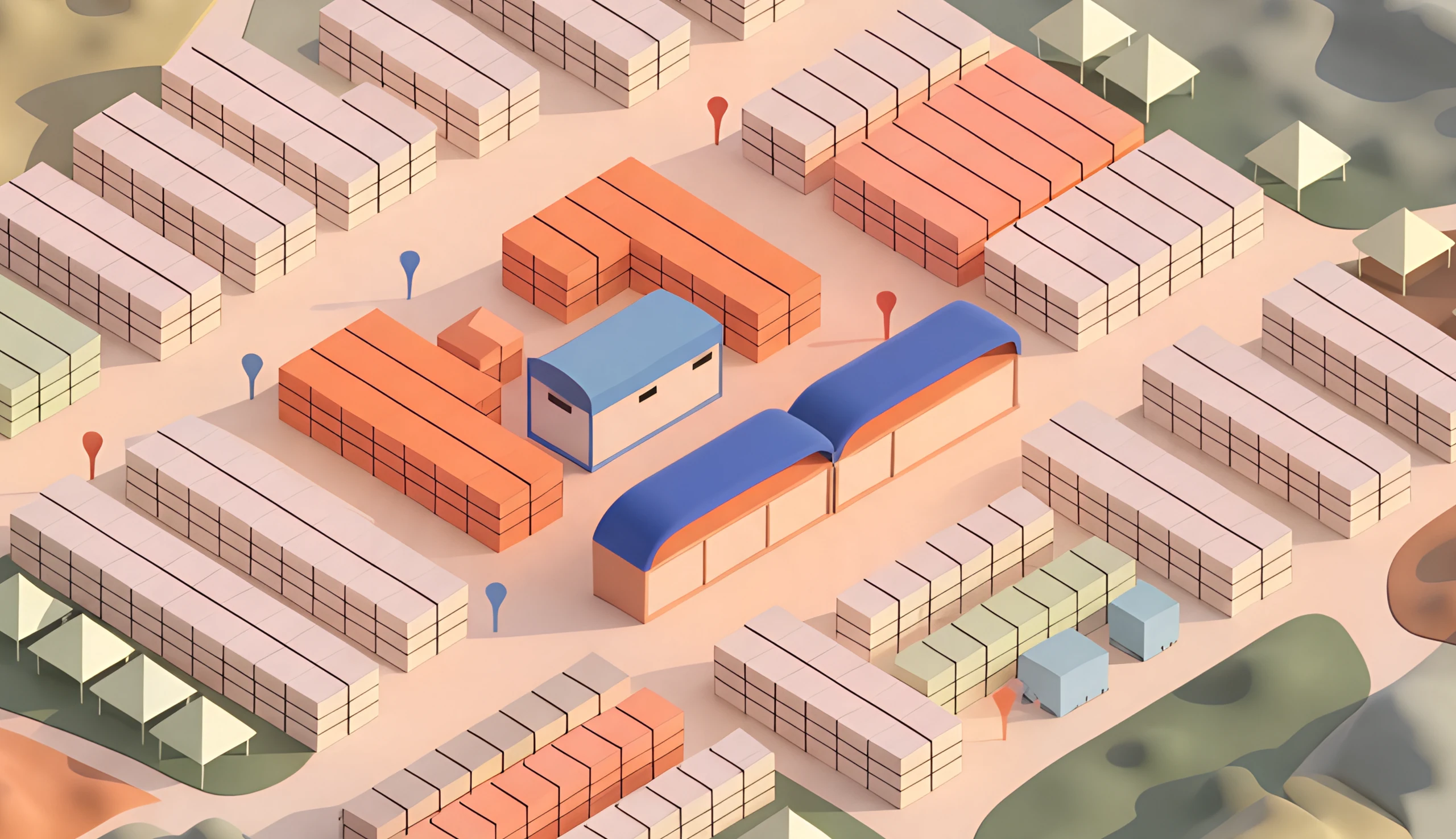 Isometric illustration of an exhibition hall with rows of stands and aisles. Generated by AI.