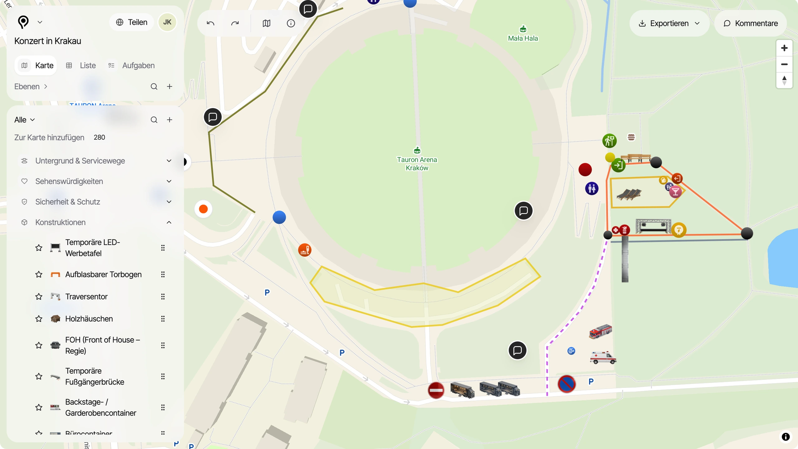 Eventplan in PlanPlace mit der Karte von Krakau und der Objektliste