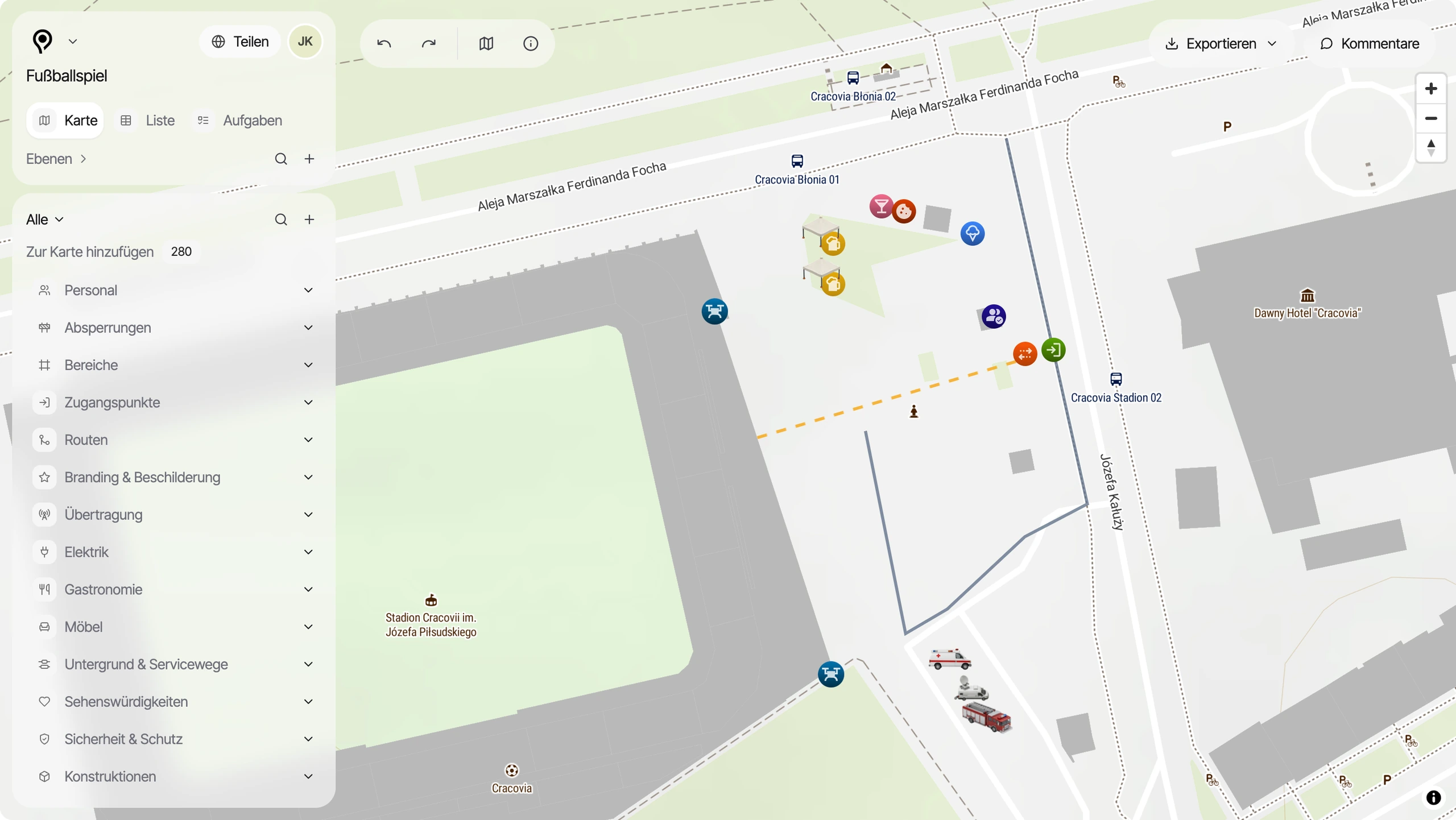 Plan einer Sportveranstaltung in PlanPlace mit Karte und Objektliste