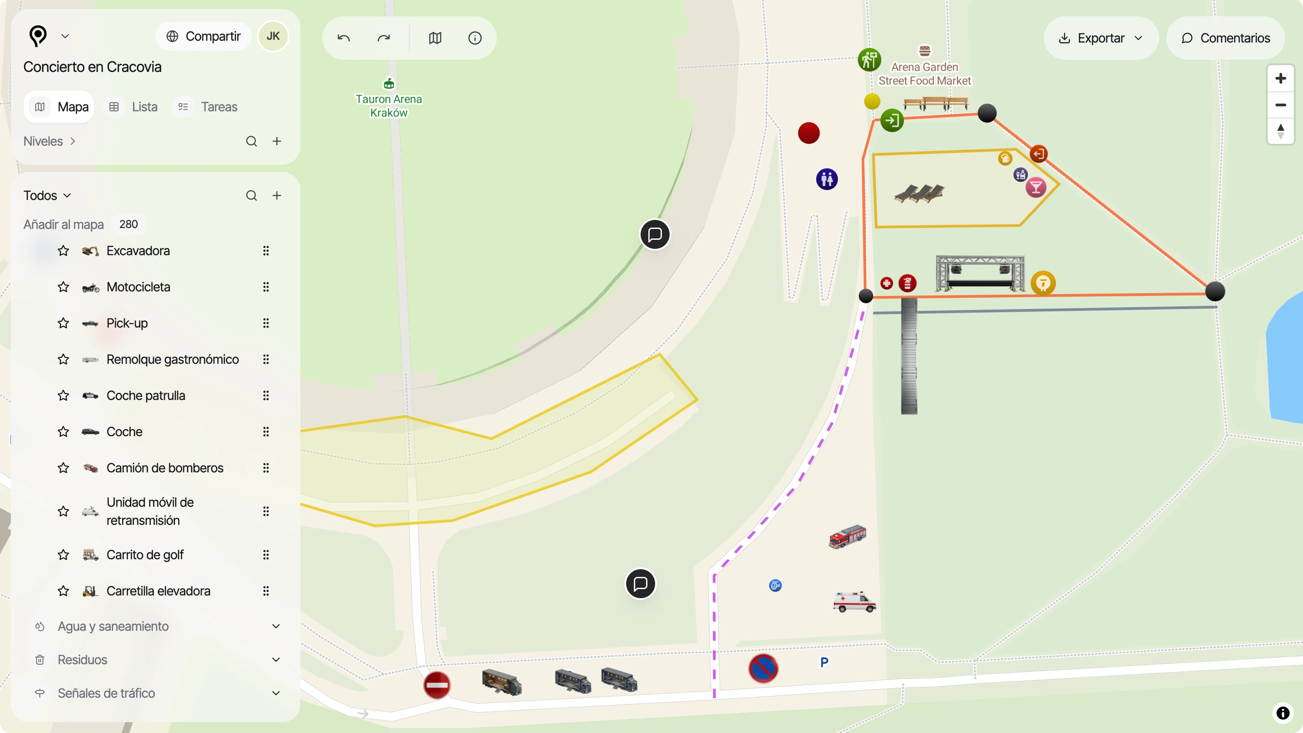 Vista del plan de un evento en PlanPlace con el mapa de Cracovia y la lista de objetos