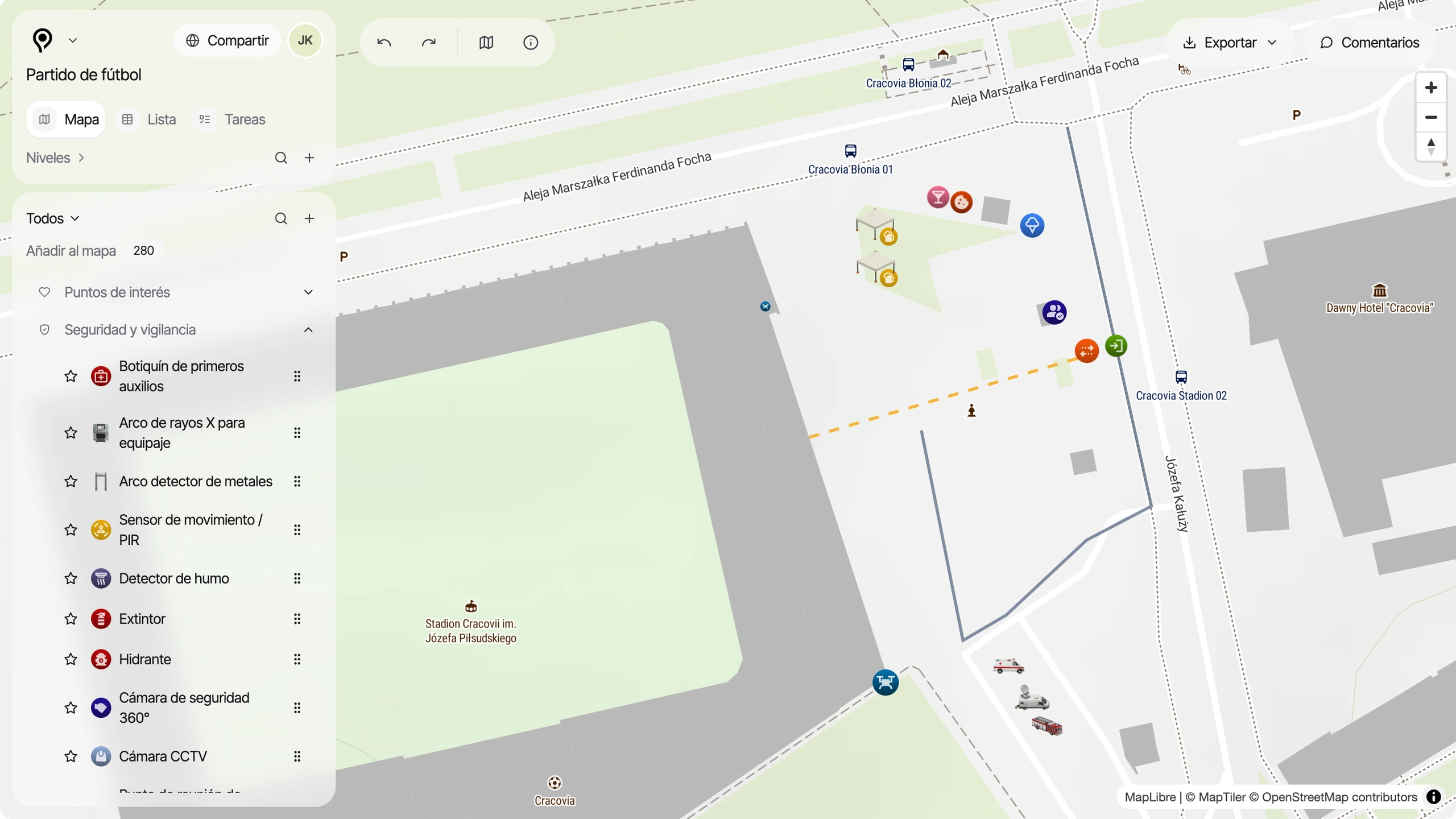 Vista del plan de un evento deportivo en PlanPlace con el mapa y la lista de objetos