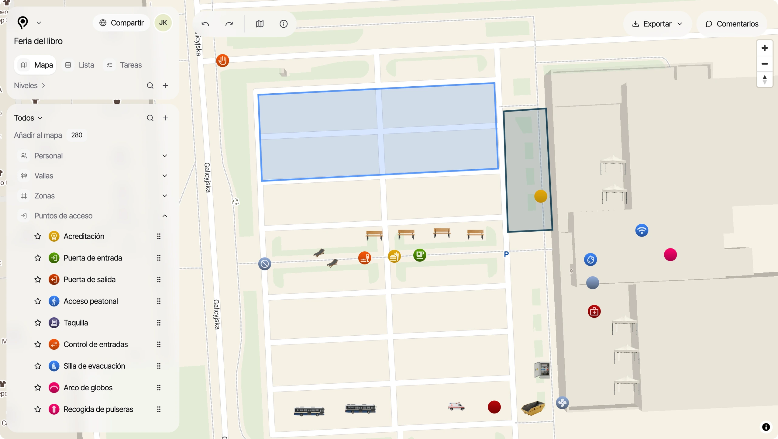 Vista del plan de una feria en PlanPlace con el mapa y la lista de objetos