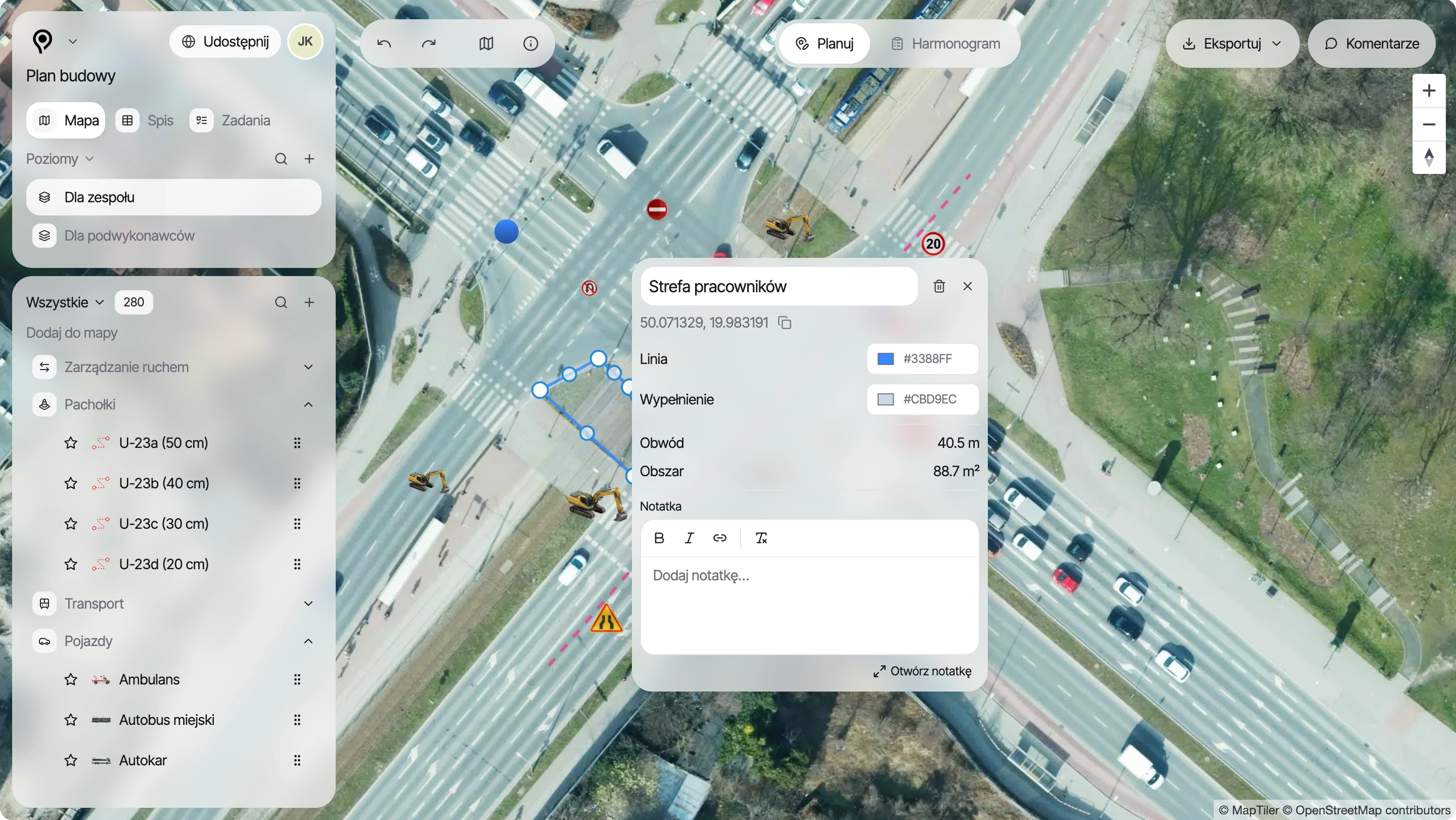 Widok planu prac budowlanych w PlanPlace z mapą i listą obiektów