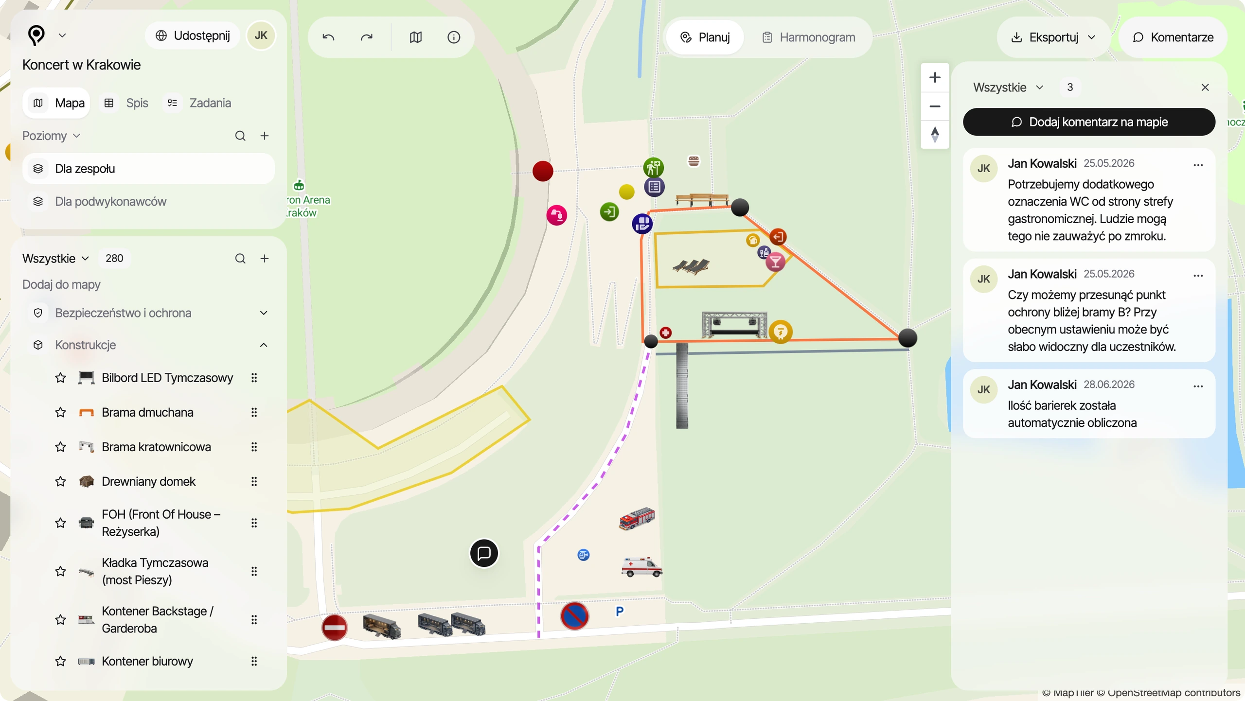Widok planu wydarzenia w PlanPlace z mapą Krakowa i listą obiektów