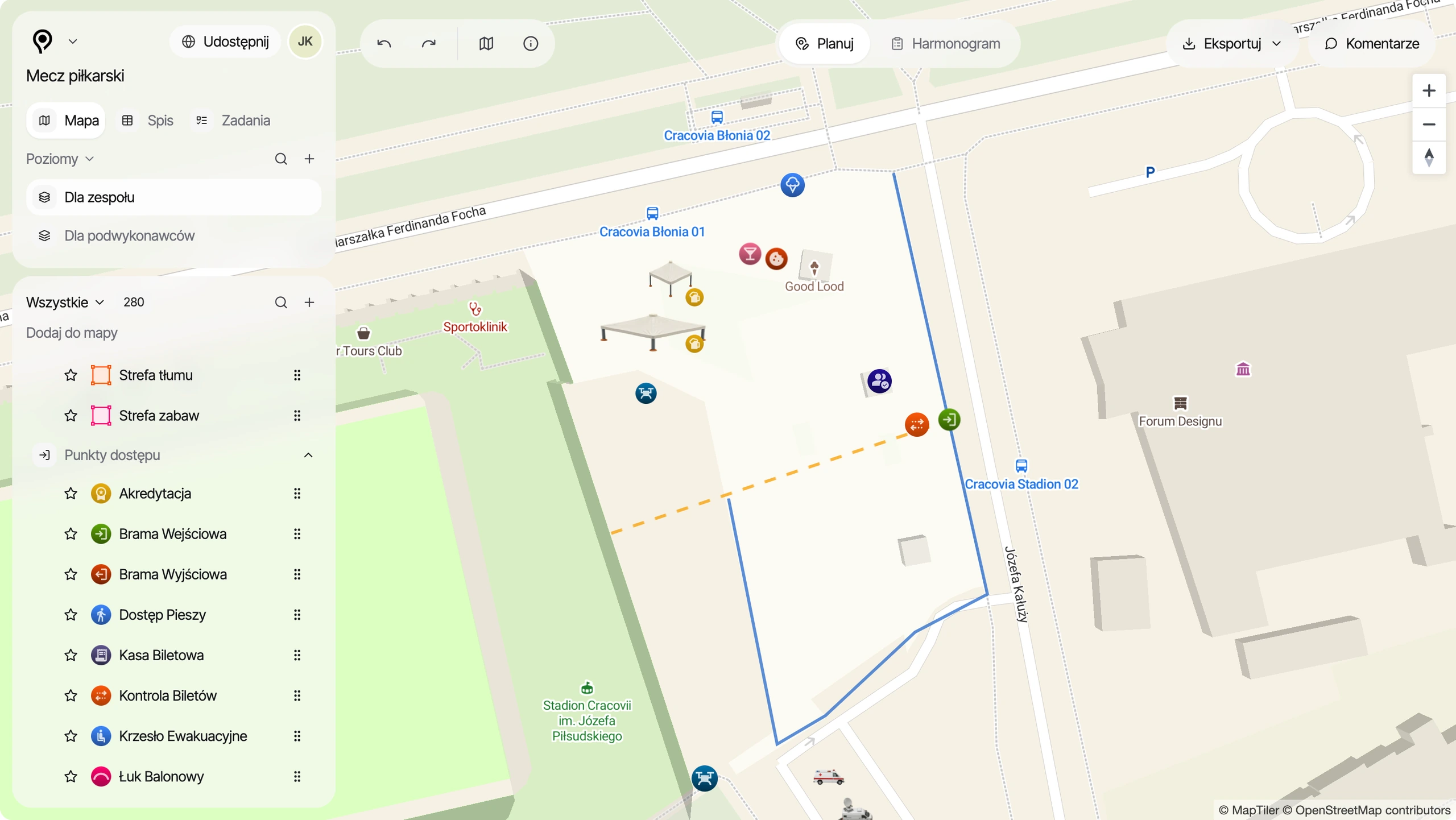 Widok planu wydarzenia sportowego w PlanPlace z mapą i listą obiektów