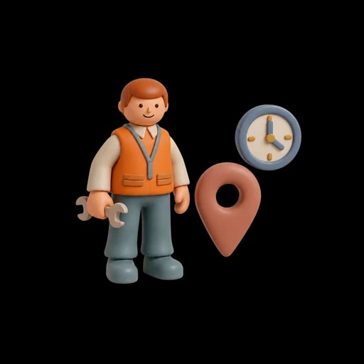Three-dimensional illustration of a contractor with a wrench, a location pin and a clock. Generated by AI.